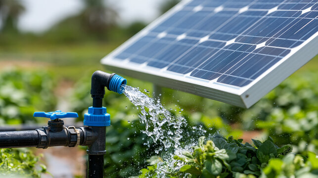 Close-up of a solar-powered irrigation system in operation over green crops, sustainable farming concept, eco-friendly water technology, solar pump in agriculture, defocused