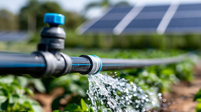 Close-up of a solar-powered irrigation system in operation over green crops, sustainable farming concept, eco-friendly water technology, solar pump in agriculture, defocused