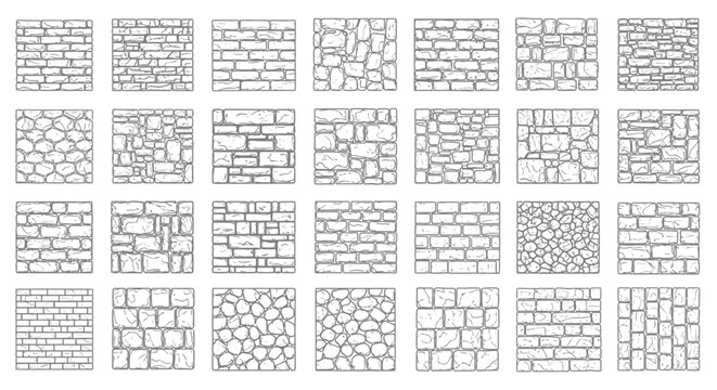 Collection of 30 hand-drawn stone and brick wall texture patterns in grey outline stone wall background