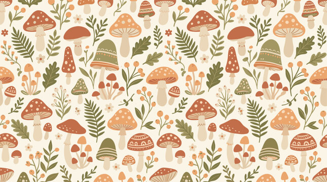 cute mushroom seamless pattern woodland autumn forest background