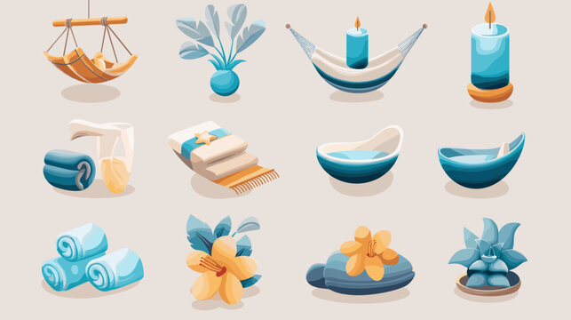 Spa And Wellness Icons Set Featuring Hammock Candles Towels And Flowers On Beige Background