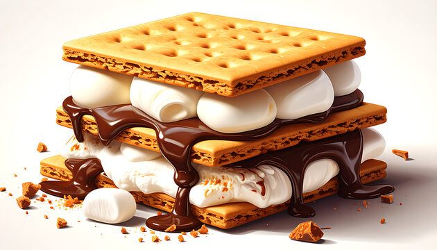 Decadent triple-layer s'more with melted chocolate and fluffy marshmallows sandwiched between graham crackers, sweet dessert, campfire treat
