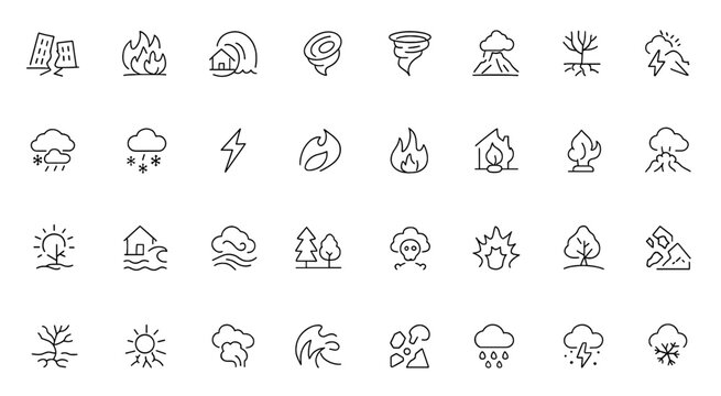 Extreme weather natural disaster icon set: vector pictograms of environmental catastrophes, earthquake, wildfire, tsunami, hurricane, tornado, volcanic eruption, thin linear illustration.