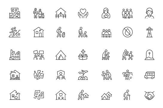 War consequences icon set, thin linear vector pictograms illustrating destruction, displacement, refugee camp, humanitarian crises, mass migration, power outage, orphan child.