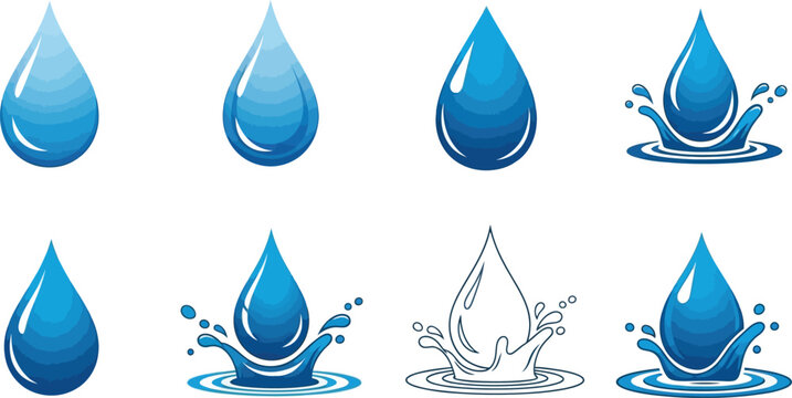 Collection of blue water drop with splashes and ripples liquid