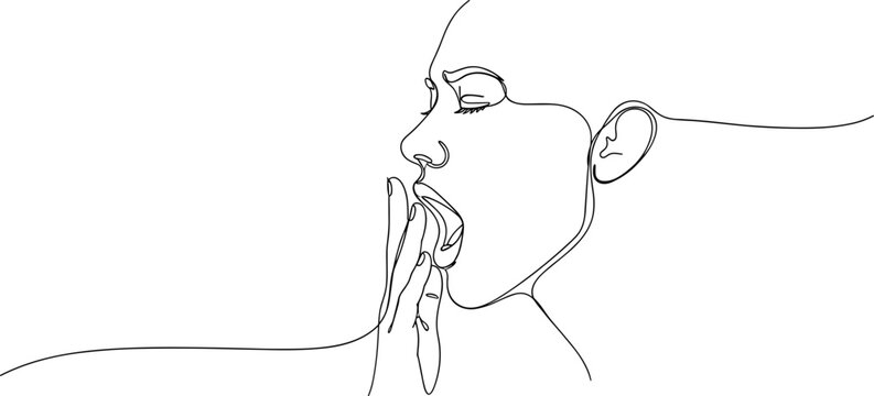 Abstract single line drawing of a woman's profile touching her lips