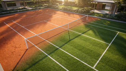 Fototapeta premium Tennis clipart of sunny court with green grass and clay surface lines scene