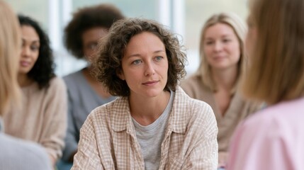 Fototapeta premium Group of women sitting in a circle, engaged in a conversation. the woman in the center of the circle is a middle-aged woman with curly hair, wearing a beige blazer and a gray t-shirt.