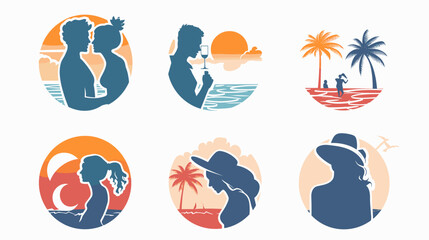Fototapeta premium Tropical Beach Sunset Silhouettes Couple Palm Trees Ocean Waves Summer Vacation Vibes