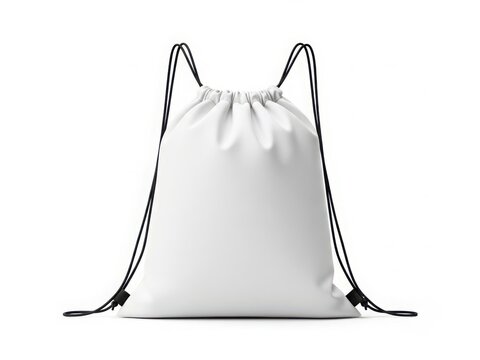 A stylish white drawstring backpack with black accents and handles