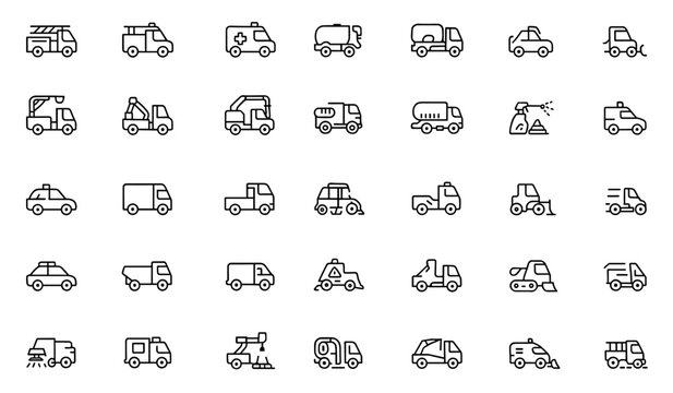 Municipal public service transport line icon set: vector pictograms of firefighting, rescue, ambulance, sewer, water tanker, inspection, graffiti removal, thin linear illustration, emergency.