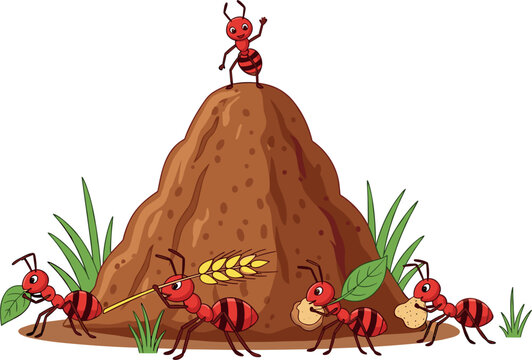 Ant colony teamwork cartoon vector illustration with anthill, hardworking ants carrying food and natural outdoor environment