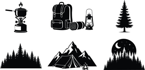 Camping gear backpack lantern stove tree mountains tent campfire vector. © Silhouette