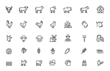 Livestock and farm animals icon set: thin linear vector illustrations of bull, cow, goat, sheep, lamb, pig, horse, domestic pictograms, animal farming symbols, rural life, agriculture, barnyard. © JIm Studio