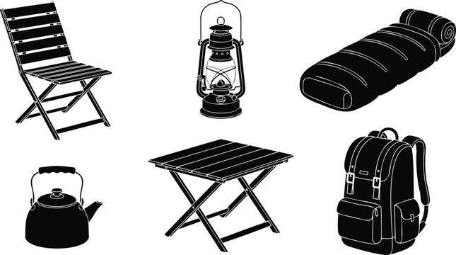 Camping equipment chair lantern sleeping bag backpack kettle table vector.