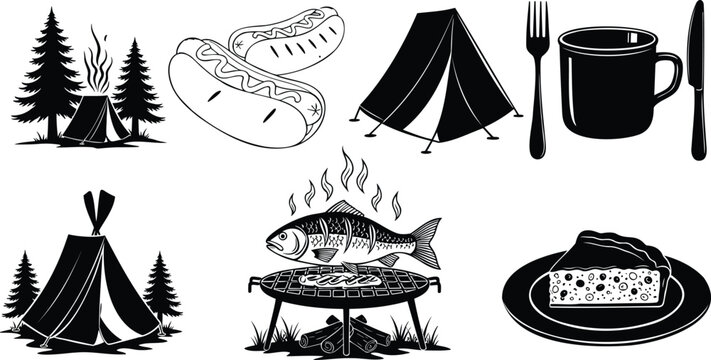 Camping adventure vector set with tents pine trees barbecue fish and picnic dinner set.
