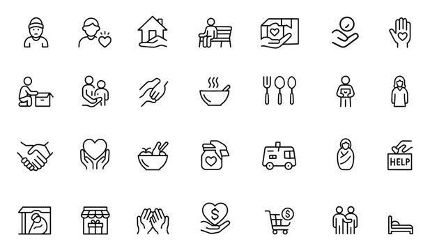 Social Aid and Homelessness line icon set. Thin linear vector pictograms illustrating homeless child, urgent support services, shelter, donation, social kitchen, and assistance, charity, help.