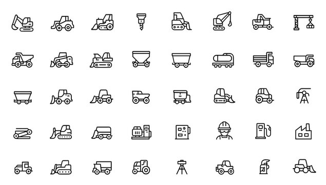 Heavy industry vehicle mining transport icon set: thin linear vector pictograms of excavator, loader, bulldozer, crusher, drill, dragline, crane, industrial machinery, construction, equipment.