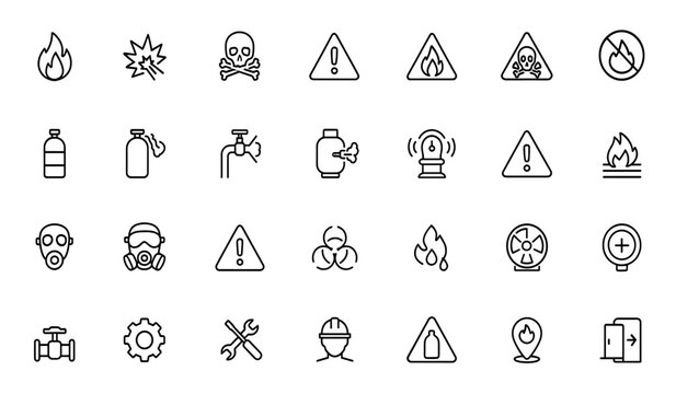 Gas safety icon set glyphs &mdash; vector illustrations of flammable, explosive, toxic hazards, danger signs, no flame zone, protective mask, warning labels, black silhouette pictograms, safety.