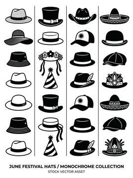 vector Collection of various monochrome hats and caps for festivals and parties Silhouette
