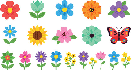 Cute colorful flower collection with sunflower butterfly and spring floral cartoon vector illustration set design