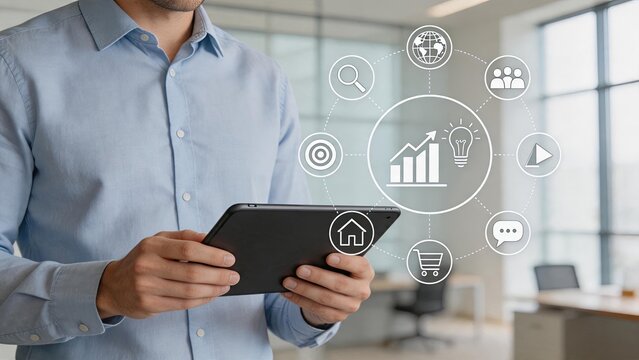 Business strategy and digital marketing concept with man holding tablet surrounded by holographic icons representing global network, analytics, ideas and communication tools for