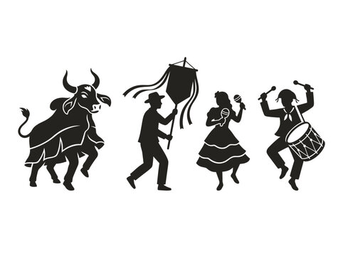 vector Brazilian Bumba Meu Boi Festival Celebration with Bull Dancer and Musicians Silhouette