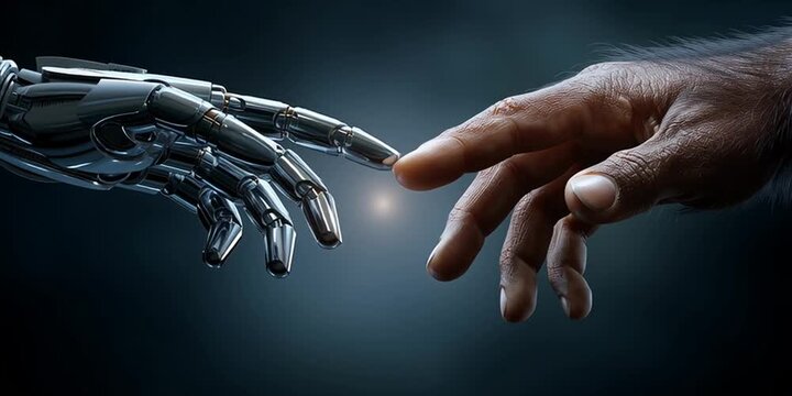 The robot's hand and monkey hand, evolution from primates concept. Banner. Dark tech background