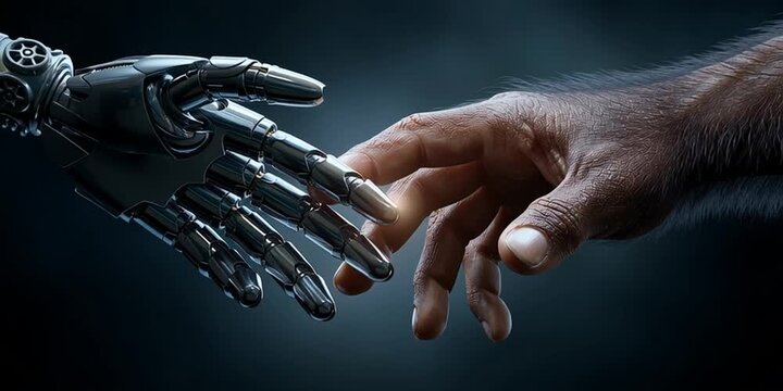 The robot's hand and monkey hand, evolution from primates concept. Banner. Dark tech background