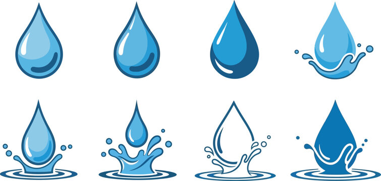 Collection of eight blue water drop with splashes and ripples liquid