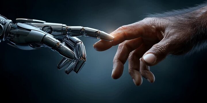 The robot's hand and monkey hand, evolution from primates concept. Banner. Dark tech background