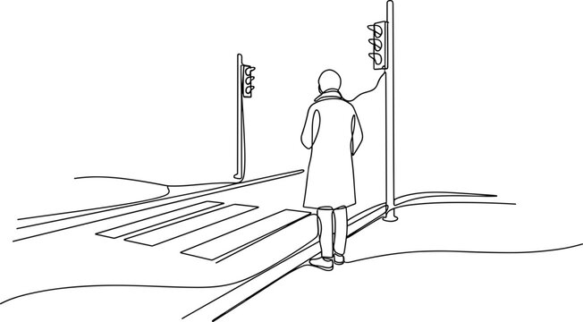 Woman waiting at pedestrian crossing with traffic light, line drawing