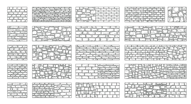 Collection of hand-drawn stone and brick wall textures in gray tones stone wall pattern background