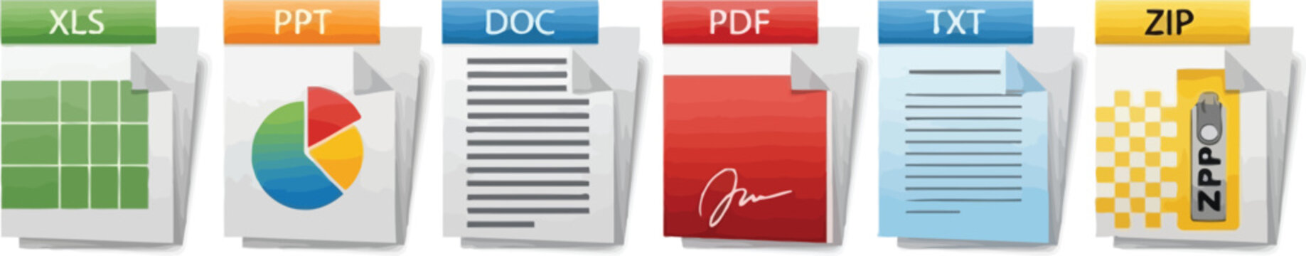 Collection of stylized document xls, ppt, doc, pdf, txt, zip file