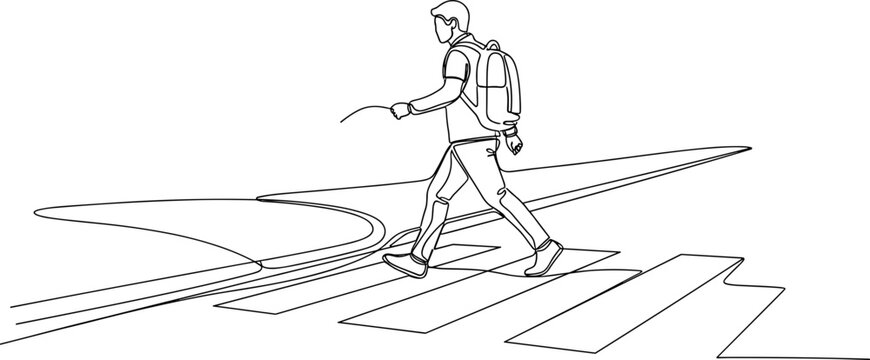 Line Art: Man with Backpack Crossing Pedestrian Zebra Crossing