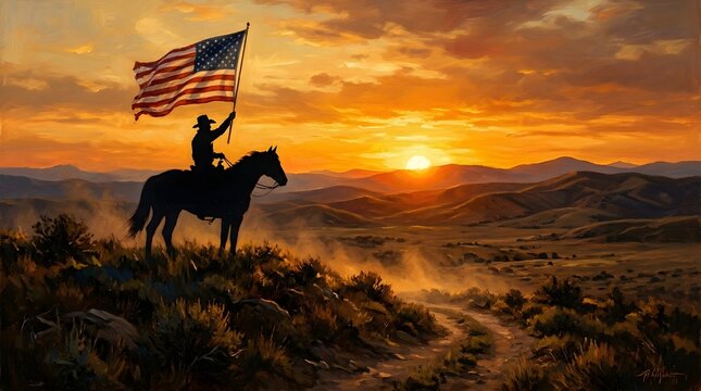 Flag day celebration cowboy with american flag at sunset in western landscape