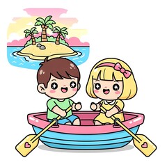 Fototapeta premium Cute Cartoon Kids Rowing Boat to Tropical Island.