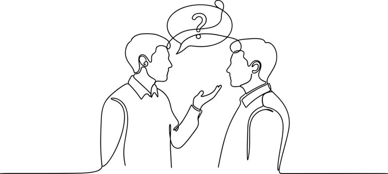 Two men in conversation, one asks a question, minimalist line art