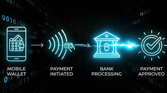 Digital mobile wallet payment process workflow animation featuring glowing neon icons and data flow transitions on a dark background for fintech financial technology