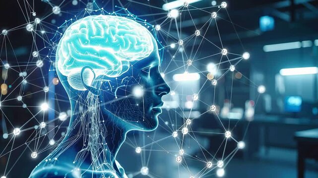 Mindful Insights: A digitally rendered image, glowing human silhouette, showcasing the intricacies of the mind, with brain interconnected by a complex network.