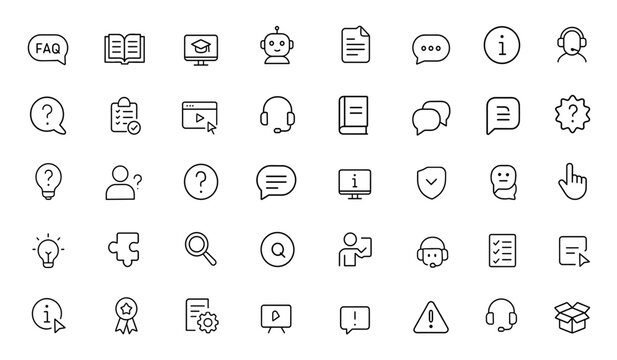 Help center and support icon set &mdash; vector glyph pictograms of FAQ, knowledge base, tutorial, chatbot, documentation, book, speech bubble, information, black silhouette illustration and more.