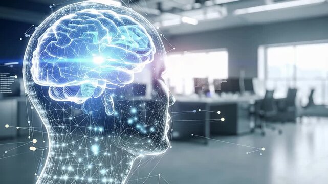 Mind's Eye: An artistic representation of a luminous brain illuminating within a human head, set against a blurred office environment, symbolizing intellect and innovation.