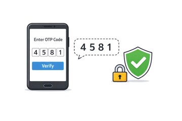 Fototapeta premium Smartphone displaying an OTP code entry form alongside a padlock and a security shield with a checkmark, representing secure two factor authentication and digital data protection