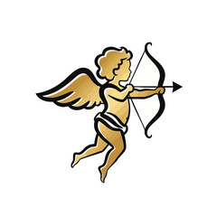 Fototapeta premium Cupid with bow and arrow vector illustration. Golden angel of love isolated on transparent background. Valentine's day graphic element