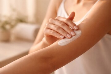 Fototapeta premium Woman gently massaging hydrating lotion onto her bare arm, highlighting concepts of daily skincare routine, skin protection, and promoting healthy, smooth skin texture