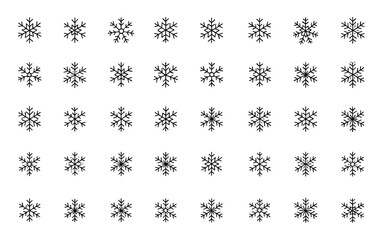 Naklejka premium Delicate symmetrical snowflake line icon set, vector pictograms of geometric patterns and thin linear snow flake structures for winter, Christmas, New Year, holiday design, seasonal symbols and more.