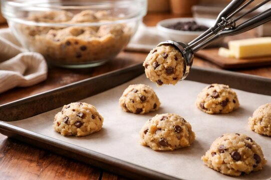 Hands using a metal scoop portioning raw chocolate chip cookie dough onto parchment paper on a baking sheet, preparing delicious dessert treats for the oven