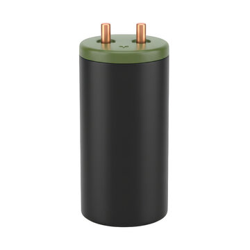 Cylindrical electrical capacitor with two copper terminals isolated on a transparent background