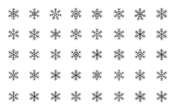 Delicate symmetrical snowflake line icon set, vector pictograms of geometric patterns and thin linear snow flake structures for winter, Christmas, New Year, holiday design, seasonal symbols and more.