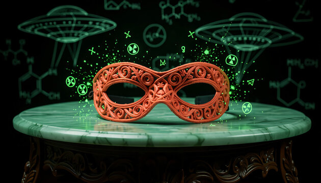 A mystery vector illustration of a skull and crossbones alien wearing a black and gold Venetian masquerade mask for a fantasy Halloween party celebration